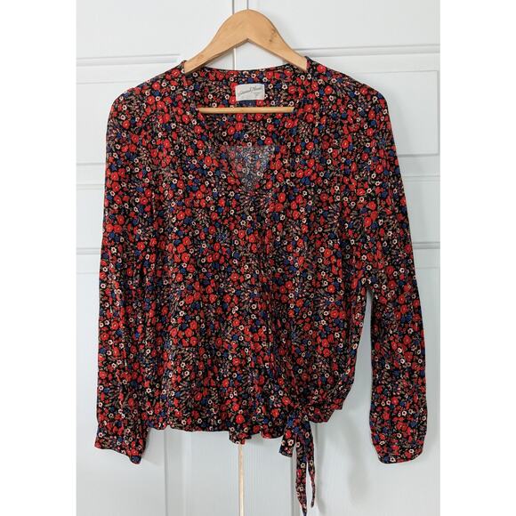 Universal Thread Dark Floral Wrap Tie Blouse - Picture 1 of 6